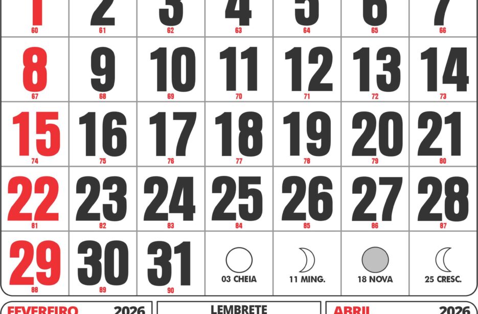 Calendário março 2026: mês, dias e distribuição