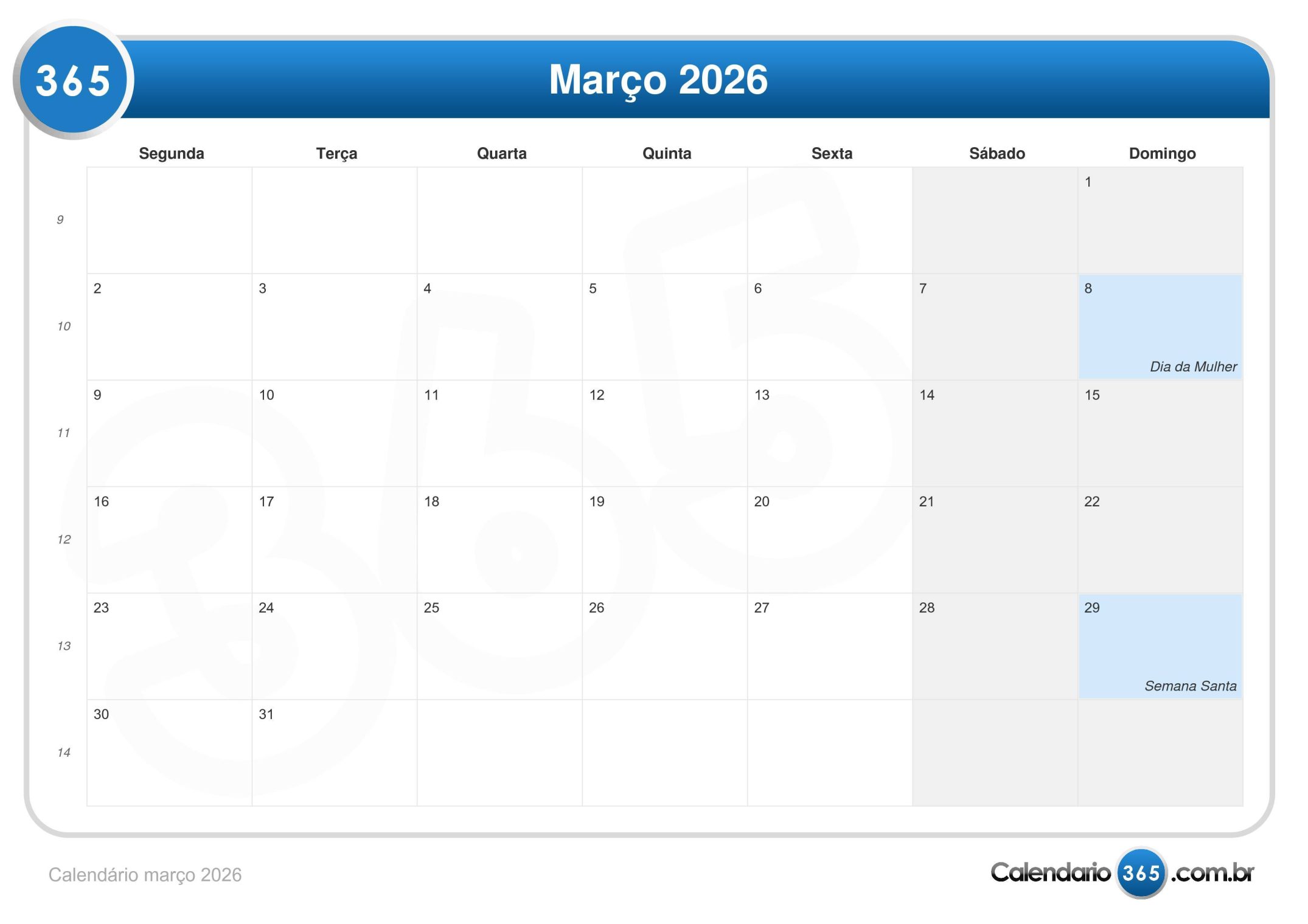 Calendario março 2026 — guia rápido do mês